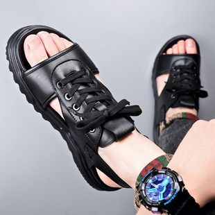 新款 2024夏季 户外防滑皮凉鞋 真皮韩版 男士 软底舒适休闲罗马鞋 凉鞋