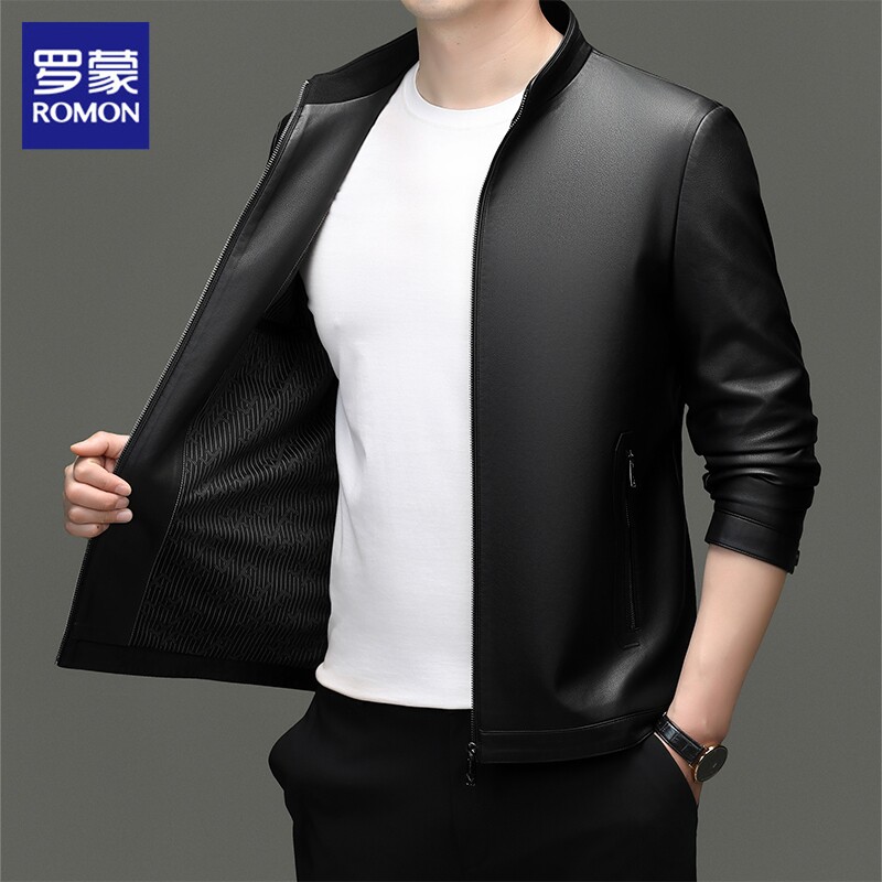 罗蒙黑色皮衣男士2026年秋季新款宽松立领机车服休闲皮夹克外套男