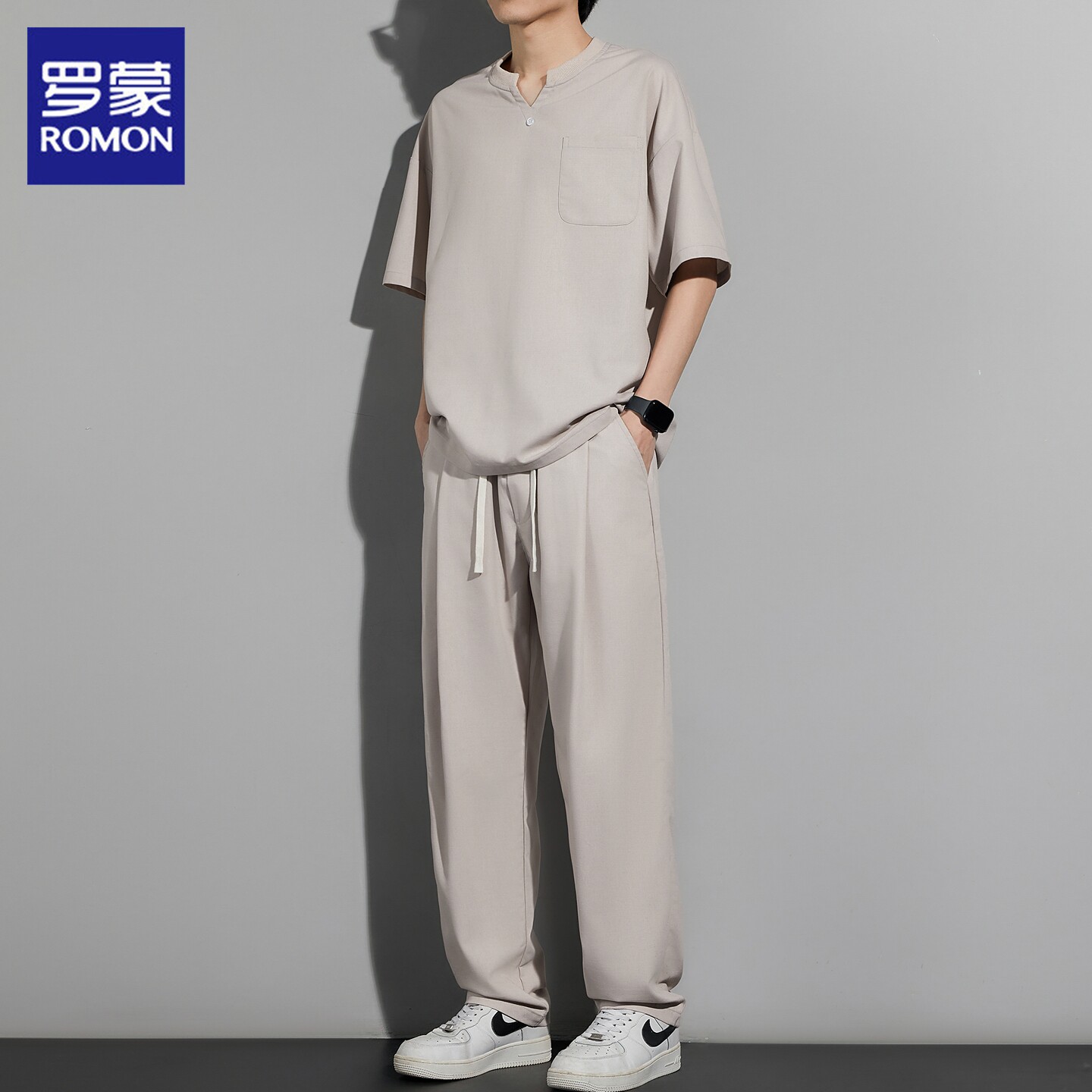 罗蒙棉麻套装男士夏季新薄款潮流休闲短袖长裤搭配运动服男两件套