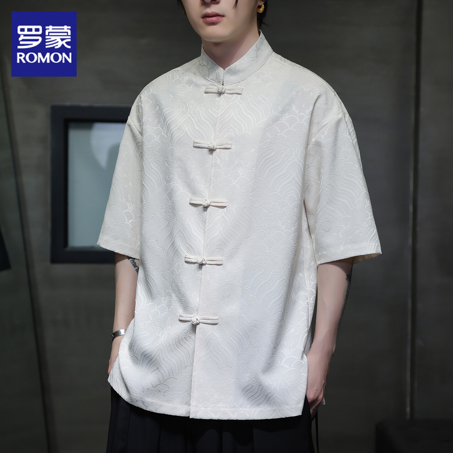 罗蒙短袖衬衫男士中国风立领唐装汉服夏季新款冰丝休闲半袖衬衣男