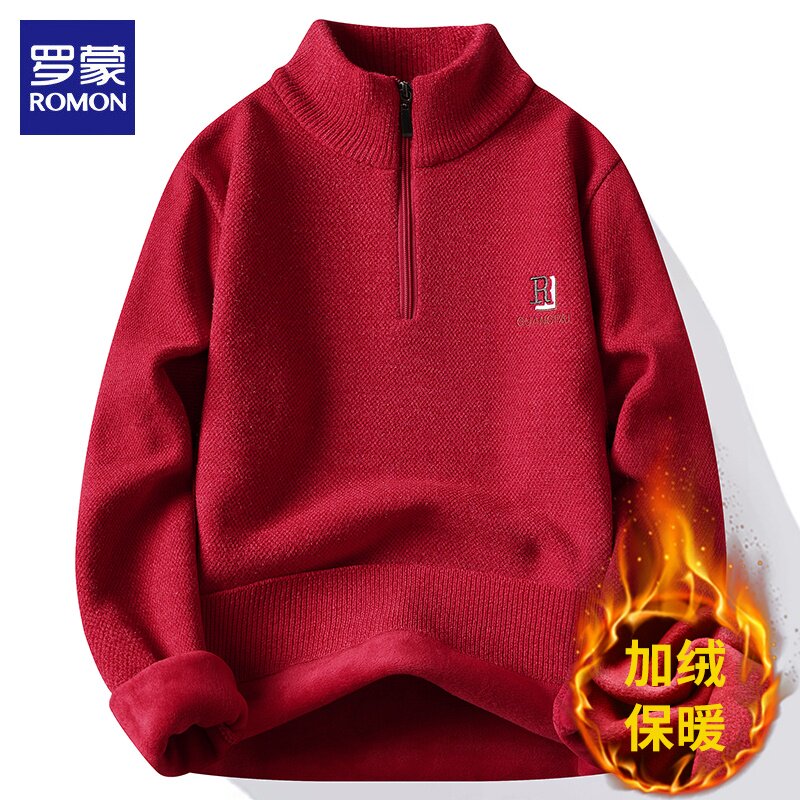 罗蒙半高领毛衣男士红色本命年打底线衣冬季新款加绒休闲针织衫男