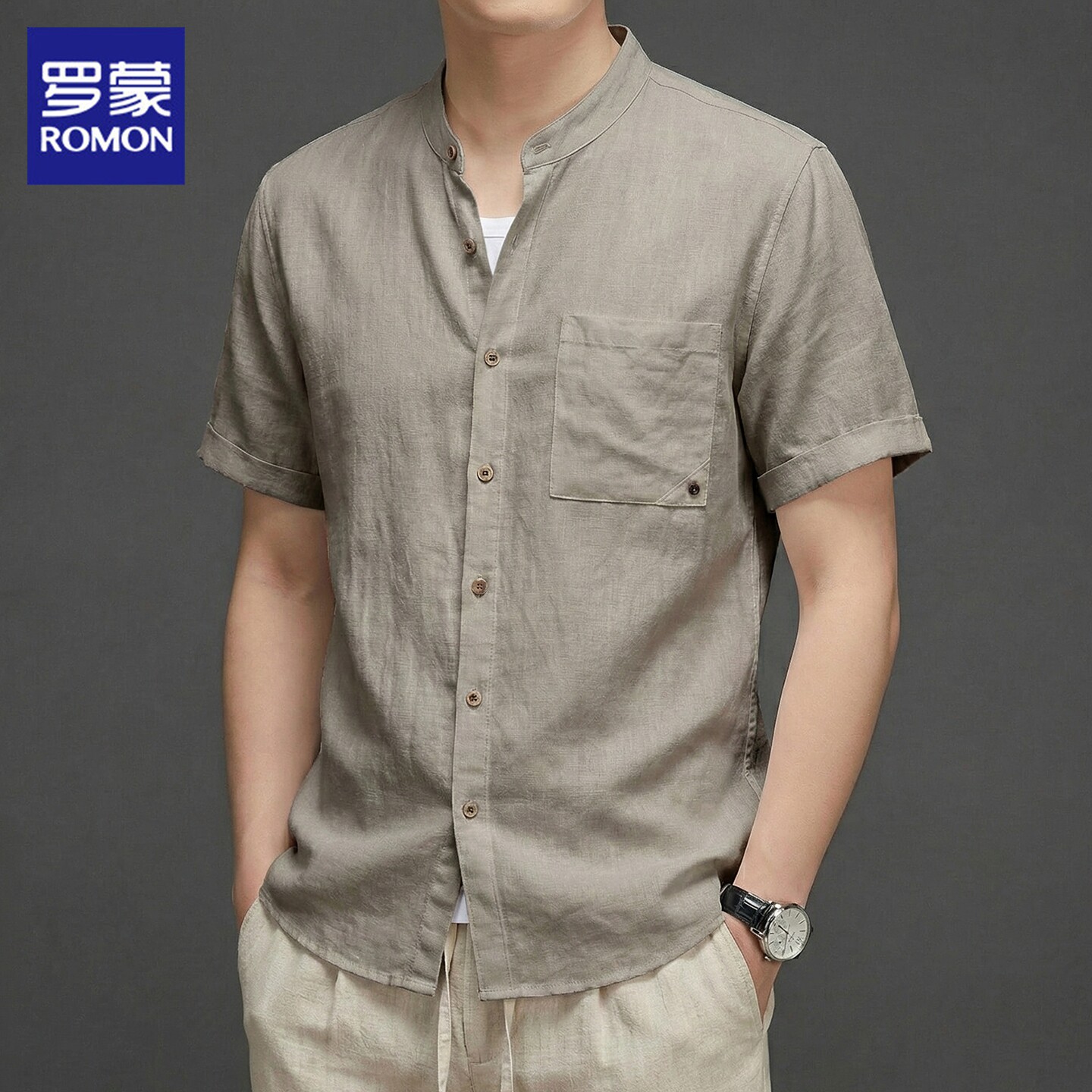 罗蒙短袖衬衫男士2026年夏季潮流立领上衣服休闲半袖衬衣外套男款