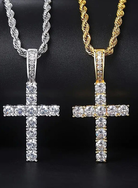 欧美嘻哈镶钻锁骨链十字架钛钢项链男hiphop简约高级感毛衣链女