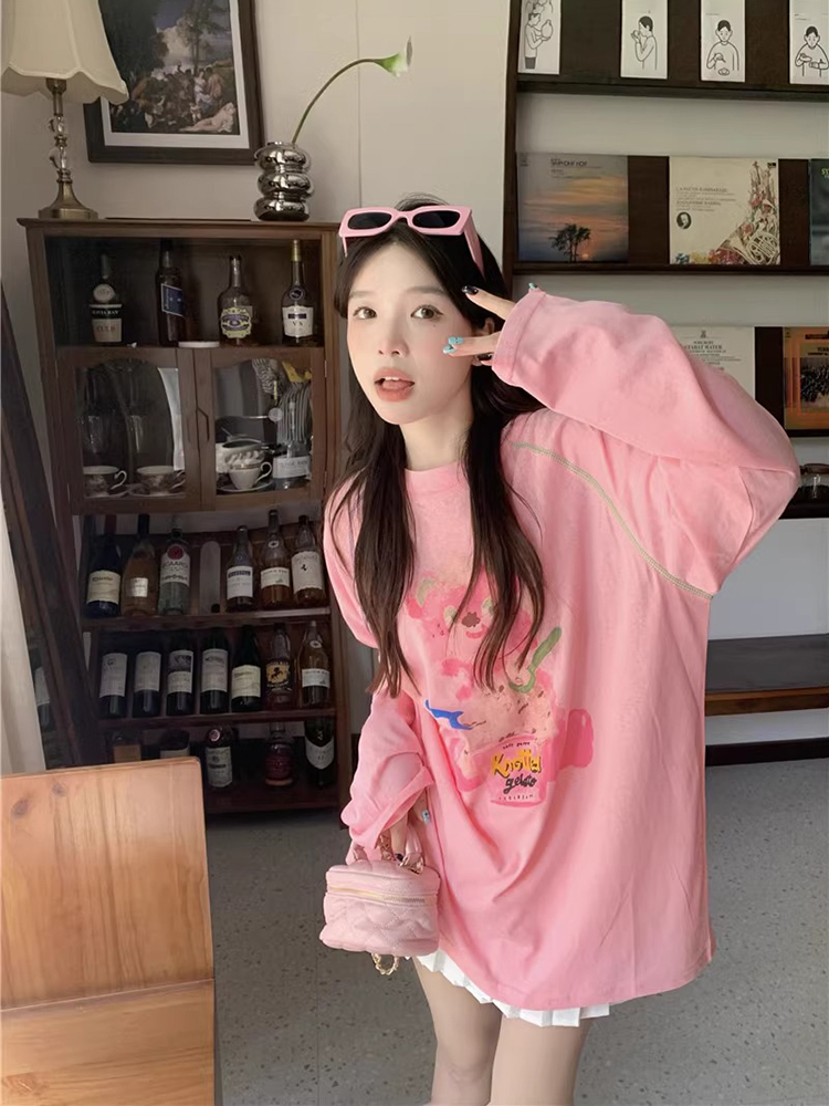 2025夏季新款粉色防晒罩衫女宽松休闲法式中长款薄款印花长袖t恤