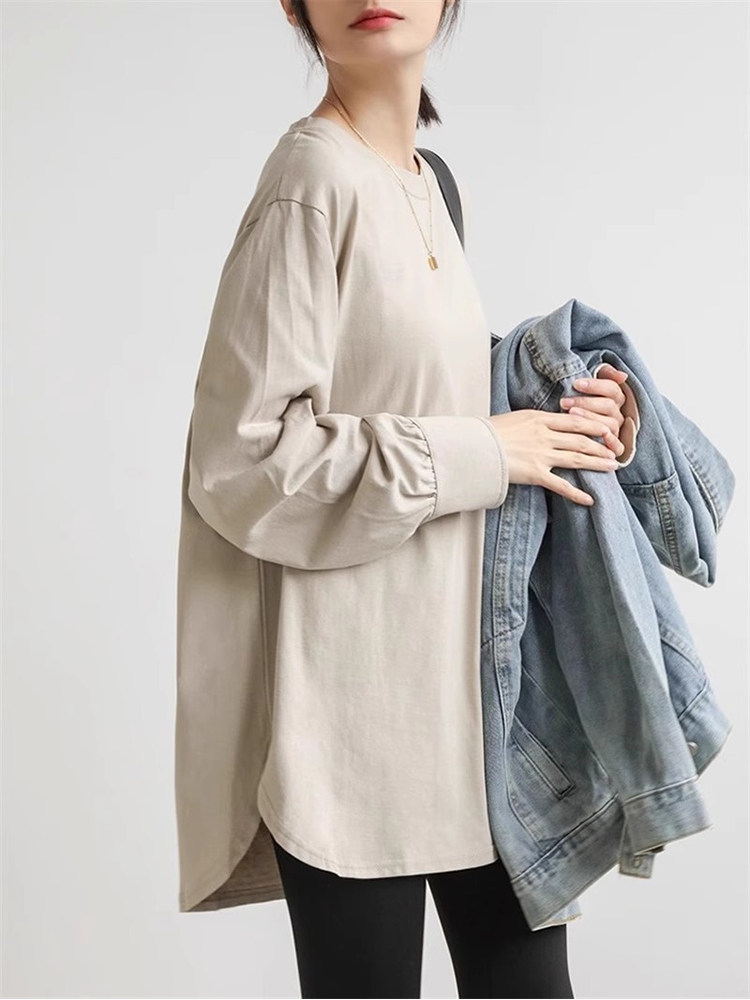 2025春秋新款长袖T恤女中长款宽松休闲叠穿弧边设计感内搭打底衫