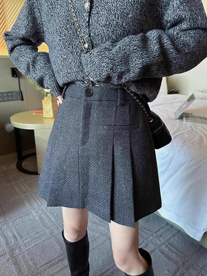 2025春秋新款毛呢半身裙女高腰减龄A字裙短裙防走光小个子百褶裙