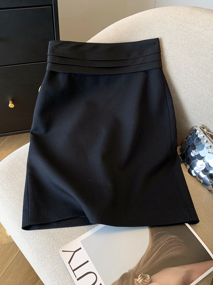 2025夏季通勤套装裙女士职业工作服包臀裙气质拼布迷笛裙腰小黑裙
