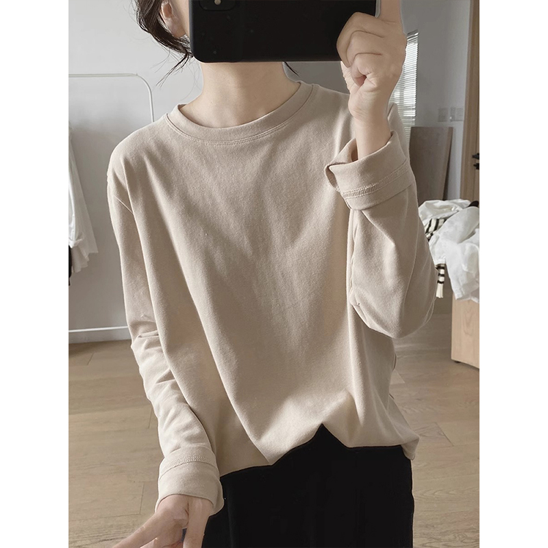 2025春秋新款圆领长袖t恤女短款高级感宽松显瘦纯色内搭白色上衣