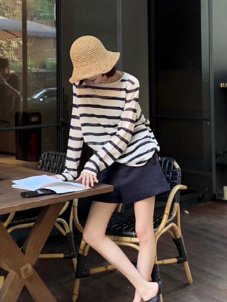 2025夏季新款黑白条纹长袖T恤女薄款慵懒风宽松休闲 外搭防晒罩衫