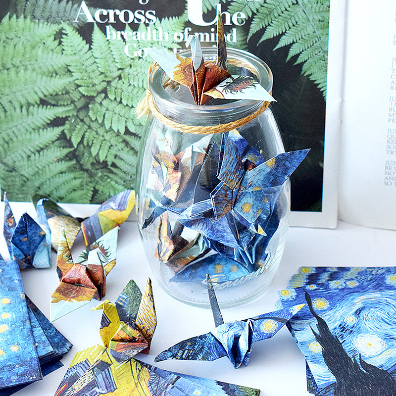 印象油画风千纸鹤折纸专用纸梵高作品印花正方形方纸彩纸幼儿园儿童小