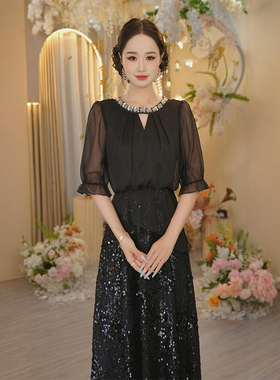 法式拼接连衣裙女2025初夏穿搭短袖亮片独特漂亮掐腰裙OHDRI04123