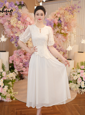 白色刺绣夏季连衣裙女2025新款短袖收腰礼服宴会裙子OHDRI05016