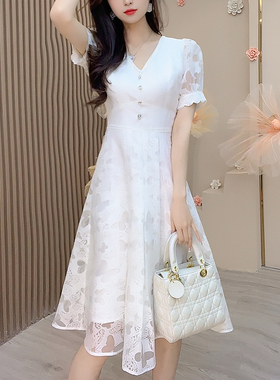 法式气质白色连衣裙女夏季长裙收腰方领绝美别致裙子OHDRF05117