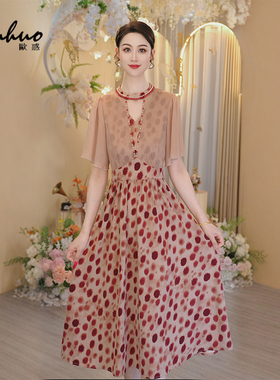 法式拼接设计感连衣裙女2025初夏穿搭短袖波点印花裙子OHDRI04112