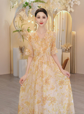 黄色花边短袖连衣裙女2025新款春季碎花裙减龄雪纺裙子OHDRI01047