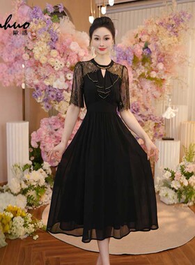 连衣裙夏女2025新款黑色蕾丝收腰裙子气质好看短袖长裙OHDRI05044
