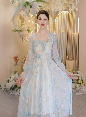 蓝色扎染方领雪纺连衣裙女2025新款夏季独特漂亮掐腰裙OHDRI03094