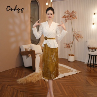 白色西装领假两件长袖提花连衣裙女2025新款秋季套装裙OHDRI09043