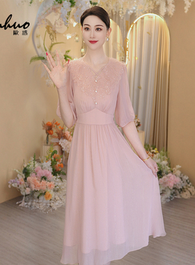 2025初夏穿搭粉色短袖连衣裙女新款连身裙气质宴会裙子OHDRI04063