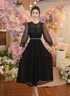 裙子女夏2025新款轻奢高级感黑色蕾丝亮片收腰连衣裙OHDRI07031