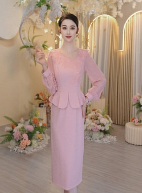 粉色温柔高知穿搭连衣裙女2025秋季长袖收腰包臀裙子OHDRI08090