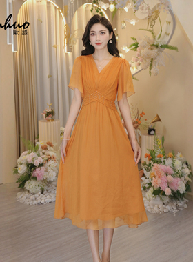 法式洋气减龄显白橘色连衣裙夏女2025新款独特漂亮裙子OHDRI05098