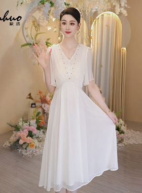 法式V领薄纱白色连衣裙女2025初夏穿搭短袖收腰气质裙OHDRI04098