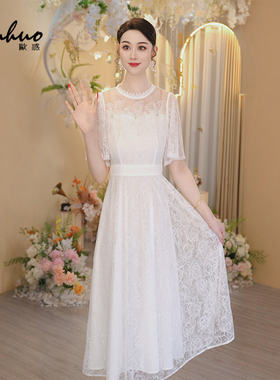 重工蕾丝白色连衣裙女2025初夏穿搭法式短袖收腰裙子OHDRI04119