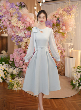 蓝色长袖飘带连衣裙2025新款今年流行爆款气质感裙子女OHDRI08047