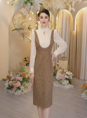 法式假两件背带裙连衣裙长裙女2025新款大方得体的裙子OHDRI08006