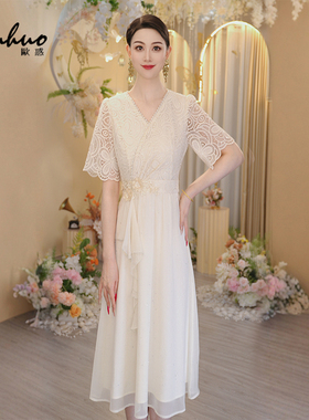 重工蕾丝刺绣连衣裙女2025年夏季新款气质收腰短袖长裙OHDRI04077