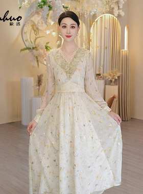 2025春季新款女装绿色花边长袖连衣裙法式气质碎花裙子OHDRI01045