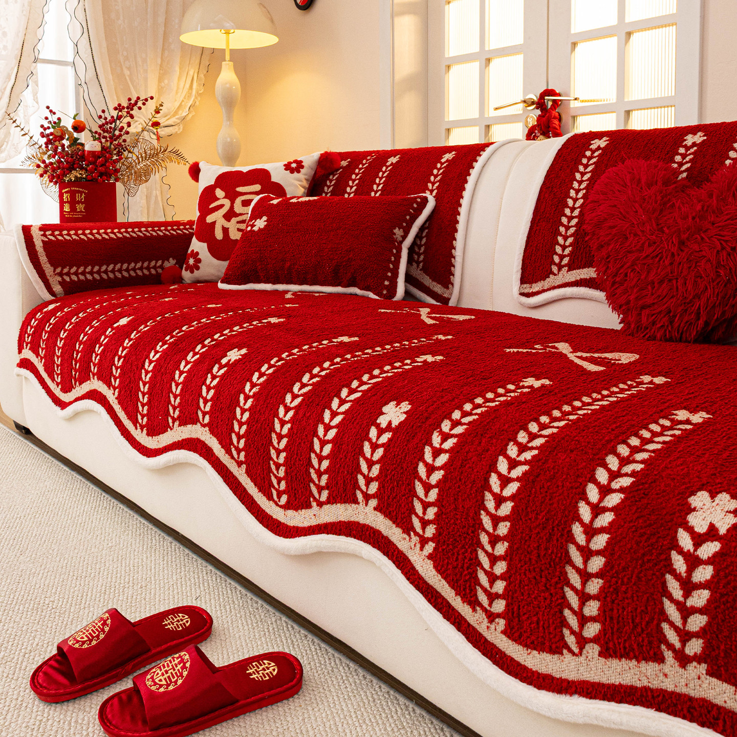 2025新款毛绒冬季沙发垫喜庆红色坐垫子防滑加厚保暖沙发套罩盖布,居家布艺,沙发垫,淘宝优惠券,粉丝福利购,淘宝优惠卷