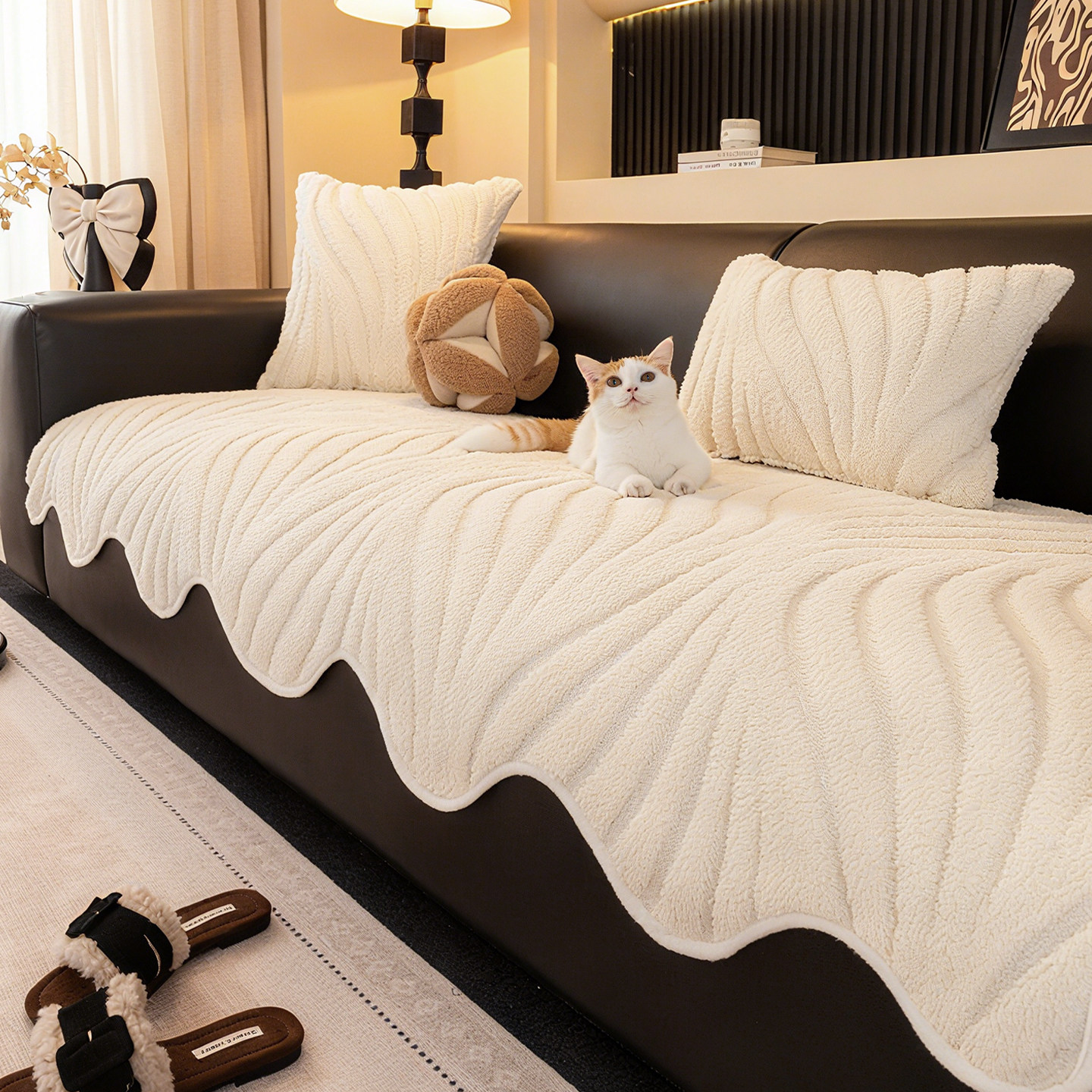 2025新款高级感直排皮沙发垫子冬加厚毛绒沙发坐垫固定防滑盖布巾,居家布艺,沙发垫,淘宝优惠券,粉丝福利购,淘宝优惠卷