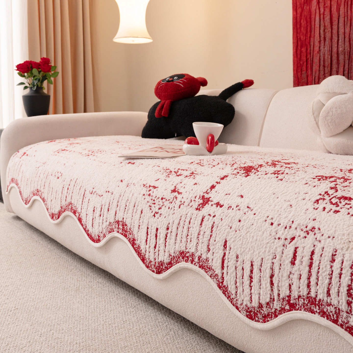 异形新年喜庆沙发垫秋冬季毛绒氛围感真皮沙发固定防滑一片式坐垫