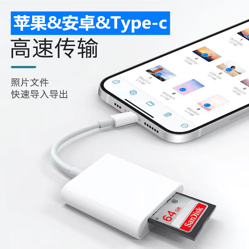 适用苹果手机读卡器sd卡存储卡佳能相机转换器iPhone外接TF内存卡lightning接口插卡otg转接头typec传输转化