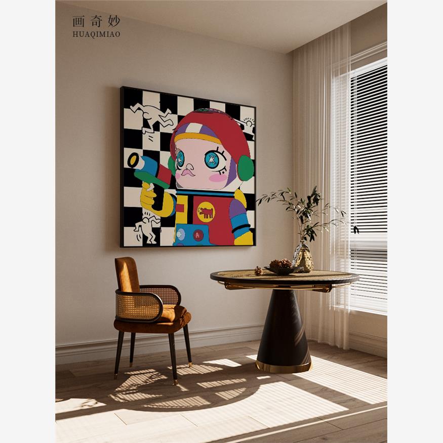 现代无障碍豪华卡通插画娃娃壁龛艺术客厅入口装饰画背景墙方形挂图片