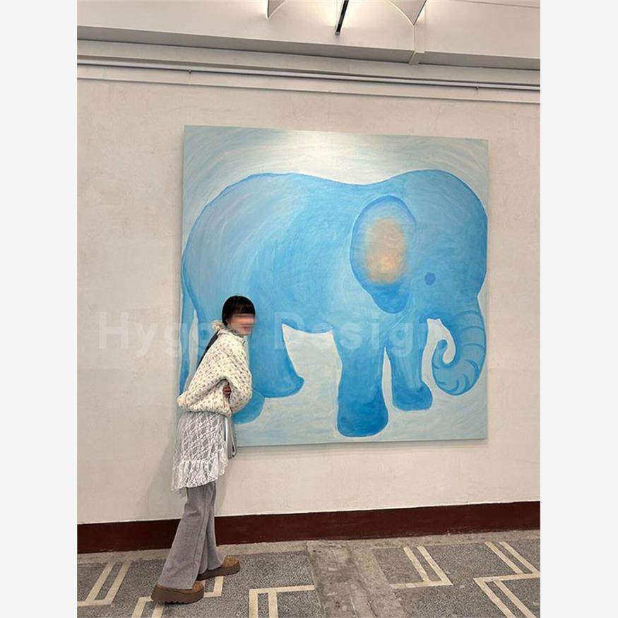 Take an apple治愈系蓝色装饰画可爱大象小众艺术肌理感艺术挂画