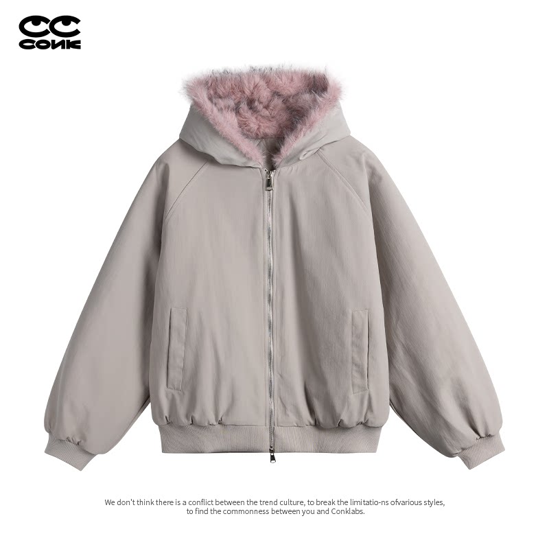 CONKLAB甜酷撞色毛领连帽棉服女