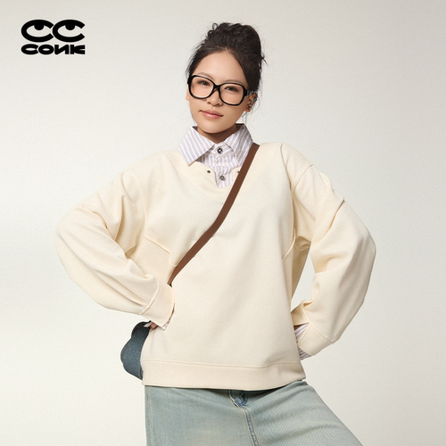 奶杏色假两件衬衫领宽松卫衣女