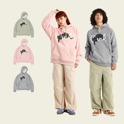 conklab仿羊驼绒黑猫重冬加绒情侣连帽卫衣