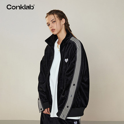 CONKLAB丝绒条纹运动夹克外套男春ins高街潮牌情侣宽松立领棒球服