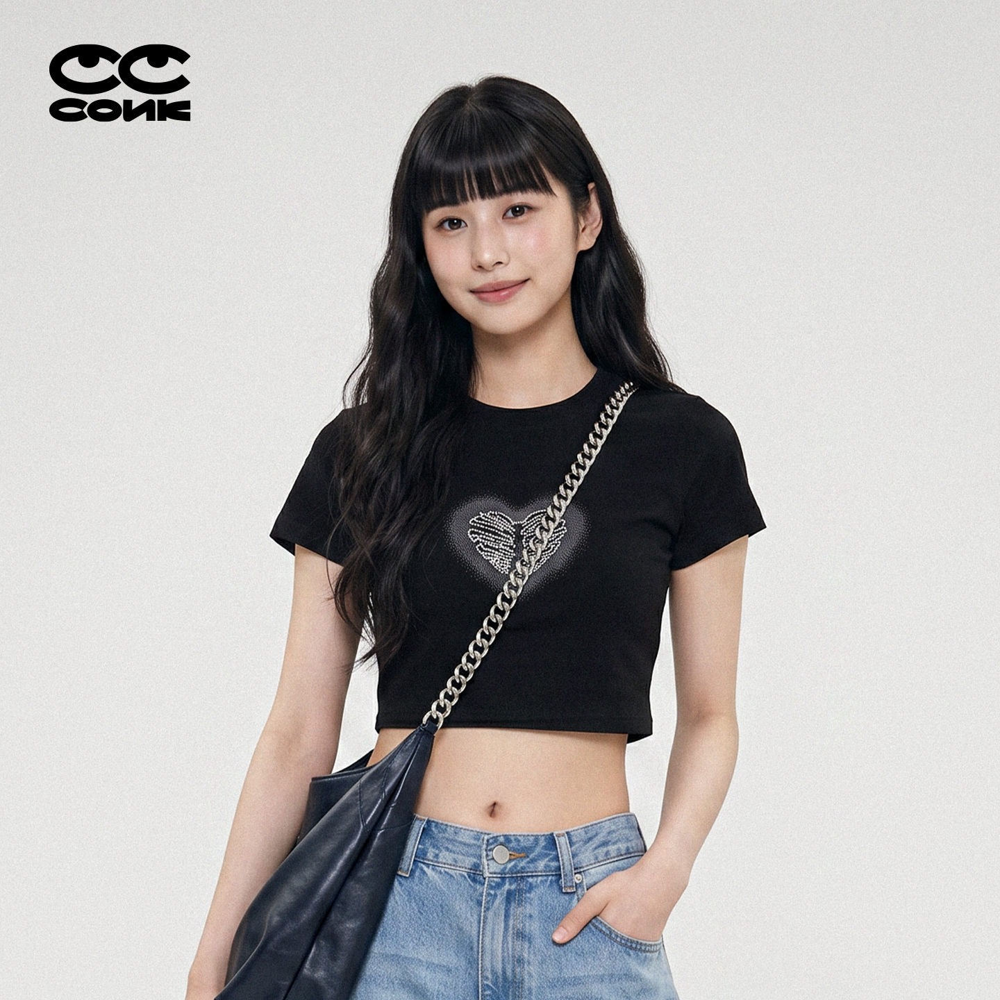 CONKLAB黑色爱心烫钻短袖T恤女夏配条纹袖套修身短款露脐辣妹上衣