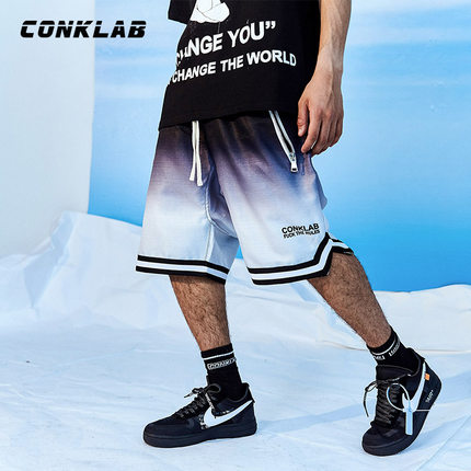 CONKLAB夏季彩虹渐变色宽松抽绳短裤国潮牌休闲运动篮球裤五分裤