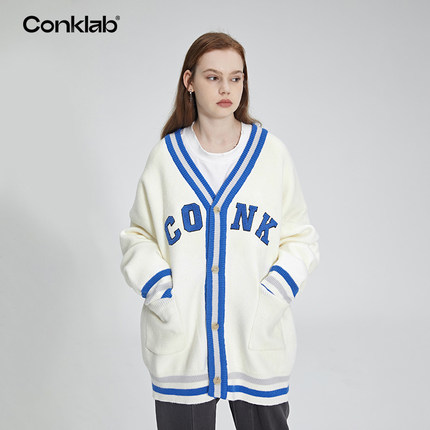 conklab学院风复古开衫毛衣男春秋宽松百搭情侣V领针织衫潮牌外套