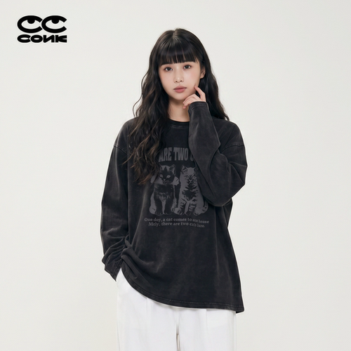 CONKLAB猫咪长袖T恤女宽松遮胯