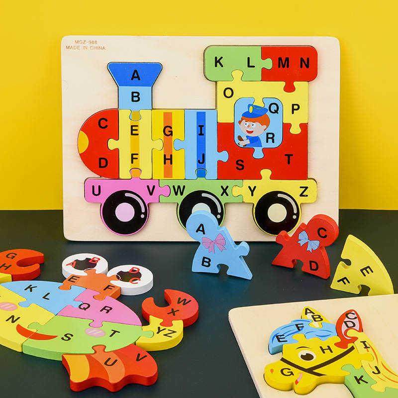 3D立体拼图宝宝交通动物26个字母数字认知卡通拼装木质积木拼图板