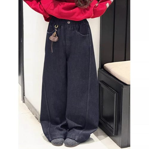 原色女童加绒牛仔裤儿童弯刀裤子