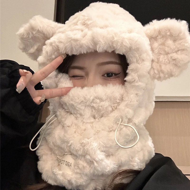 可爱小熊毛绒帽子女围巾一体加厚加绒骑车防寒保暖护耳韩版雷锋帽