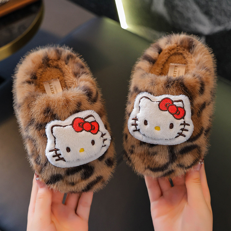 三丽鸥正品新款豹纹 Kitty女童棉拖鞋秋冬加厚软乎乎居家保暖拖鞋